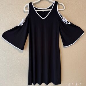 MSK Black White Bell Sleeve Dress Small Cut Out Shoulder Knee Length